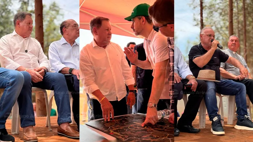 &Agrave; esquerda, o prefeito Levi Ribeiro sentado ao lado do ministro Gilmar Mendes. Ao centro, o prefeito aponta para um mapa t&eacute;cnico durante conversa com um interlocutor. &Agrave; direita, o empres&aacute;rio Ira&iacute; Maggi fala ao p&uacute;blico durante o evento no Estreito do Rio Claro.