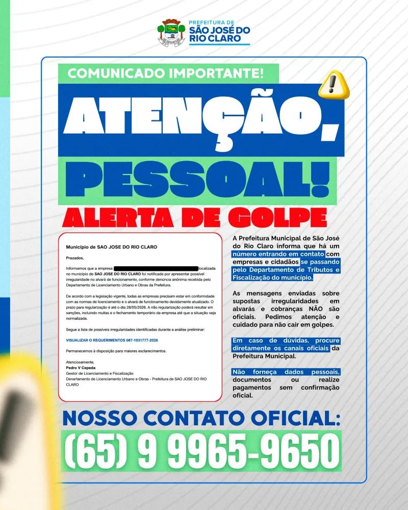 Criminosos usam nome da Prefeitura de São José do Rio Claro para cobrar falsos alvarás