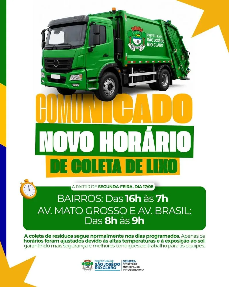 Mudança na coleta de lixo: Prefeitura de São José do Rio Claro anuncia novos horários para proteger trabalhadores do calor