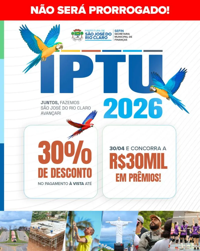 IPTU PREMIADO 2026: Prazo para desconto de 30% e sorteio de R$ 30 mil termina nesta quinta-feira (30)