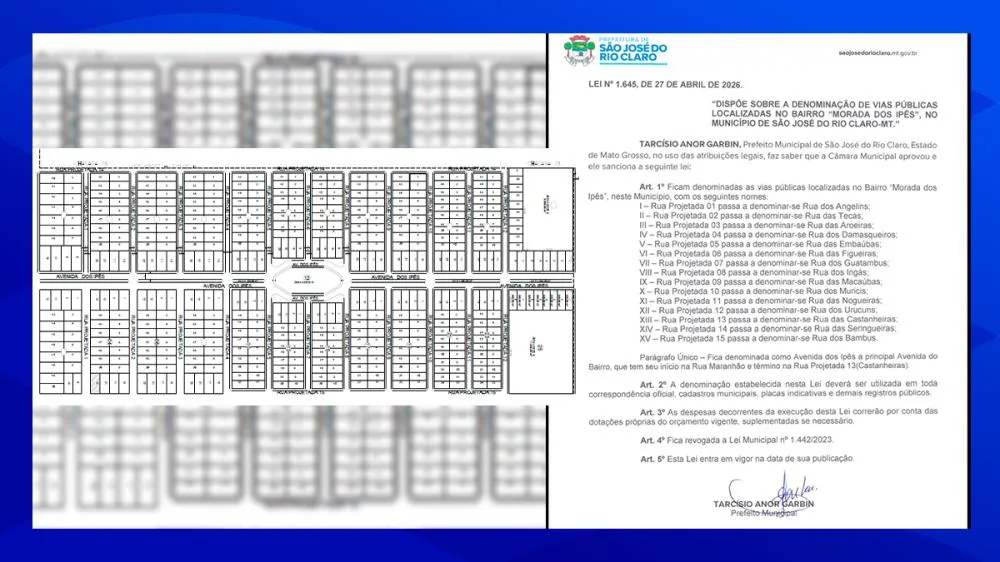 Lei sancionada por Tarcísio Garbin denomina ruas do bairro Morada dos Ipês